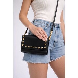 Michael Kors Black Leather Heart Stud‎ Crossbody Bag Gold Hardware Valentines
